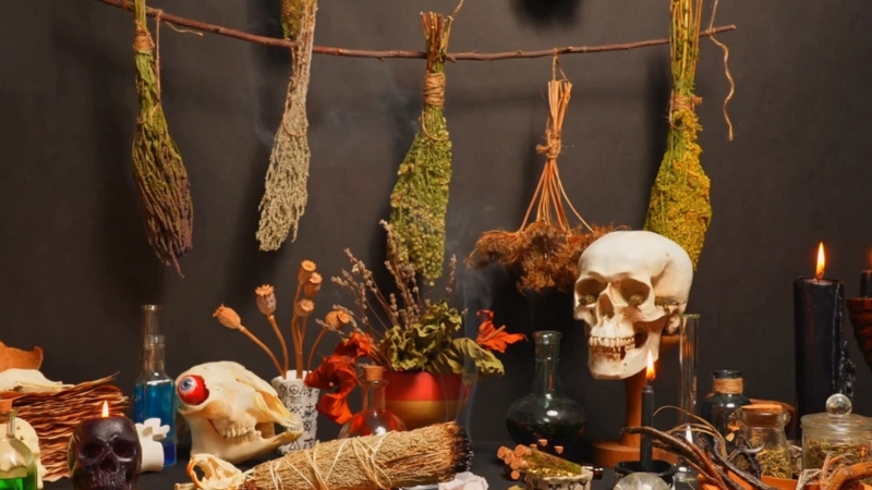Hoodoo altar setup with herbs, candles, skulls, and ritual items used for spiritual work and ancestral practices