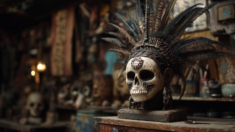Decorative skull with feathers and beads in a room filled with traditional Voodoo artifacts and ritual objects