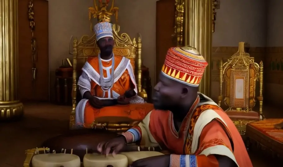 Two man with traditional African garments and instruments