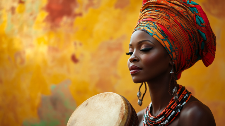 A Woman in Traditional West African Attire, Playing a Drum, Representing West Africa’s Entertainment Scene