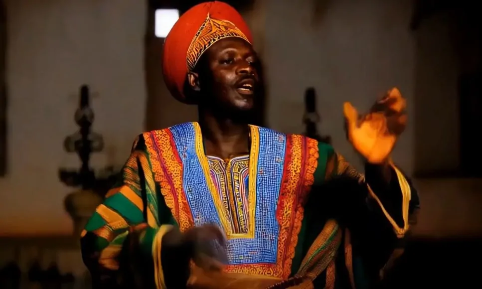 A man in vibrant traditional attire