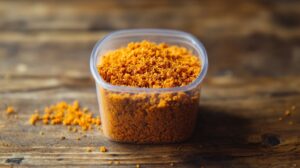A plastic container filled with vibrant orange suya spice mix placed on a wooden surface