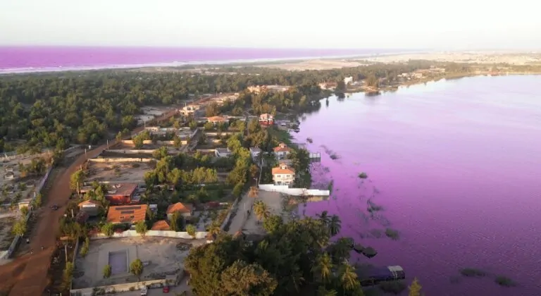 Drone view of the Lac Rose, lake in Senegal