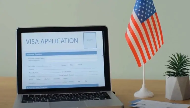 A laptop displaying a US visa application form