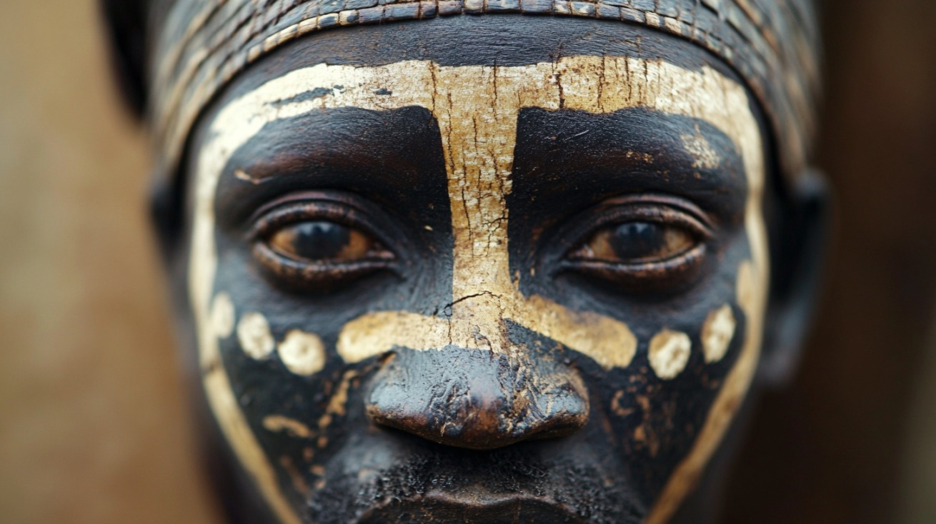 Close-up of a person with traditional African white and ochre face paint, emphasizing cultural expression