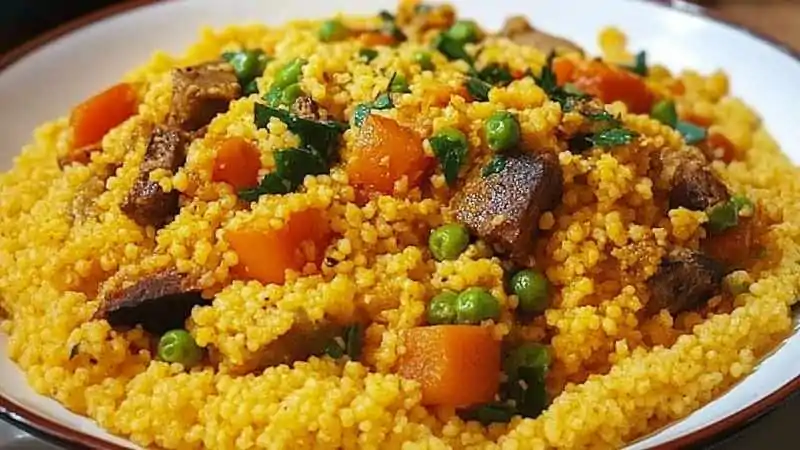 Colorful bowl of North African couscous with vegetables and meat