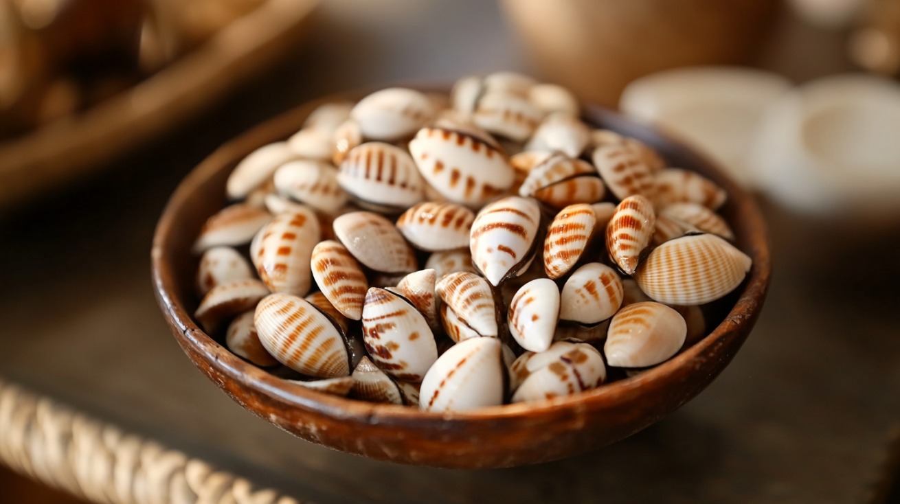 A wooden bowl filled with patterned cowrie shells, showcasing their smooth texture and distinct markings