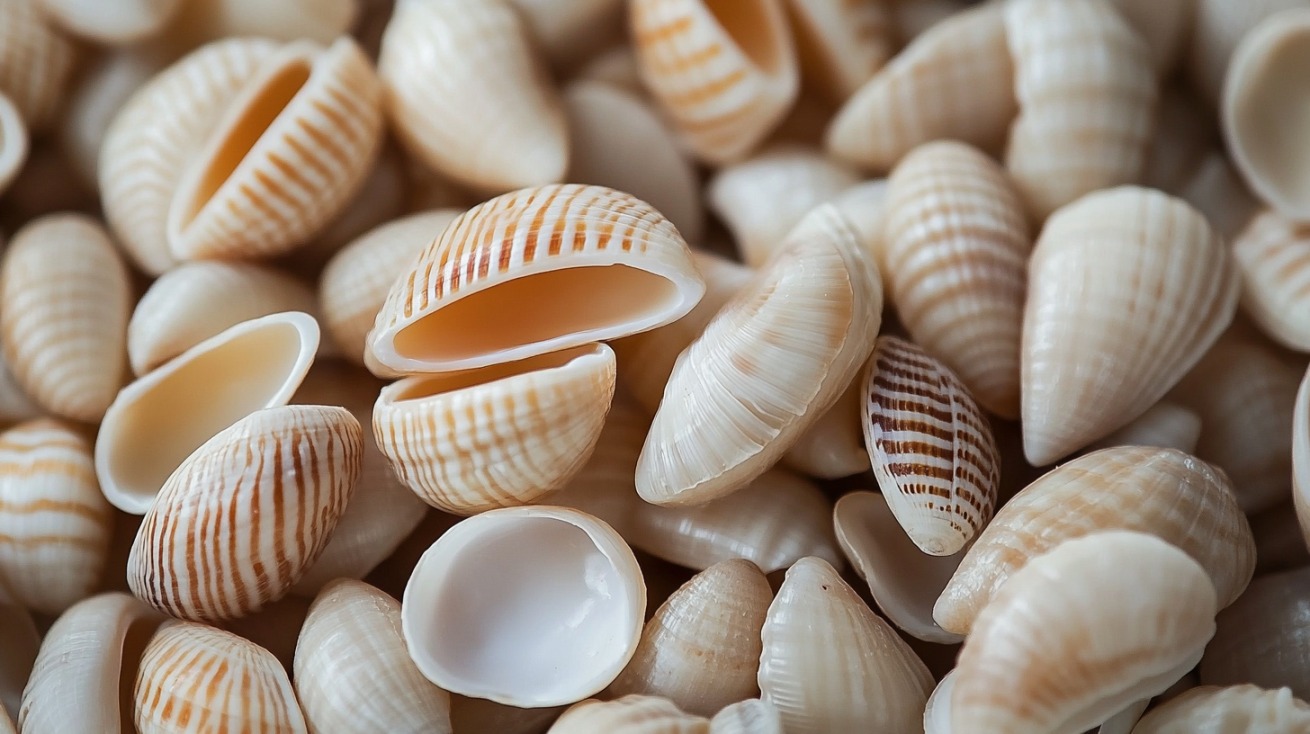 Close-up of numerous smooth cowrie shells with natural beige and brown patterns, showcasing their historic use as currency and ornaments