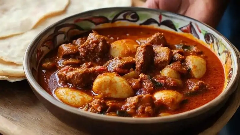Ethiopian food bowl of Doro Wat stew with eggs and tender meat in spicy red sauce