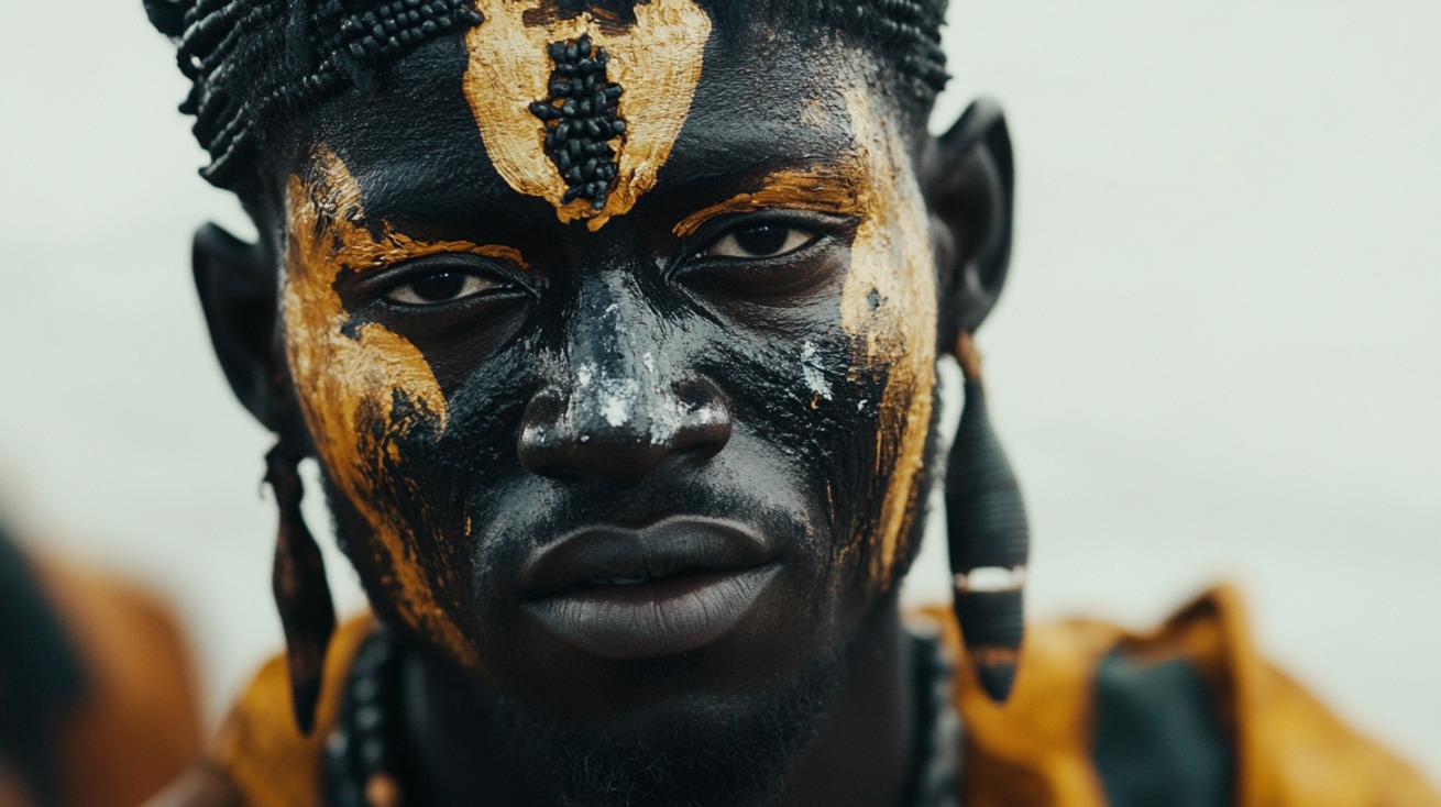 Portrait of a person with bold traditional African face paint in black and gold tones, wearing cultural accessories