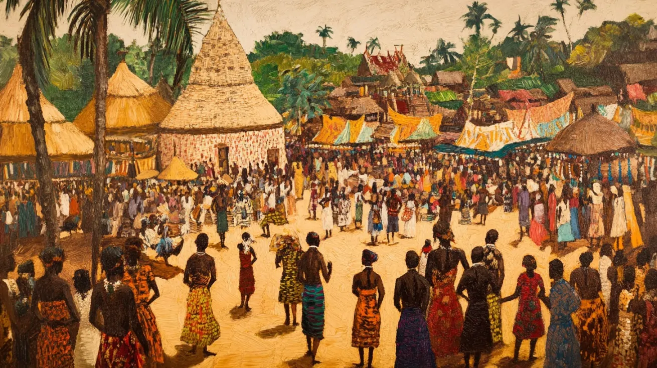 Painting of a large Ashanti market scene with traditional huts, colorful fabrics, and a crowd of people