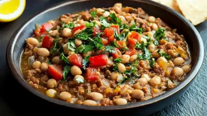 Egyptian food ful medames made from fava beans and garnished with herbs and tomatoes in a black bowl