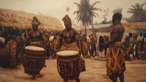 Traditional Ashanti drummers playing in front of a crowd with thatched huts in the background