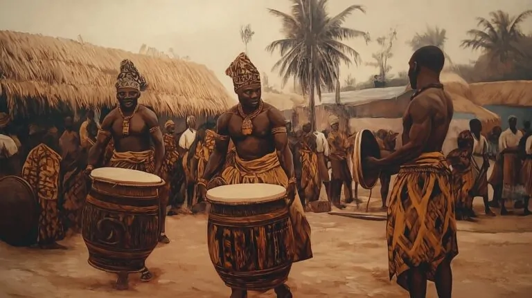 Traditional Ashanti drummers playing in front of a crowd with thatched huts in the background