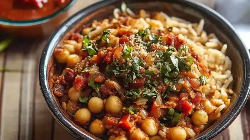 Egyptian street food bowl with chickpeas, lentils, pasta, and tomato sauce