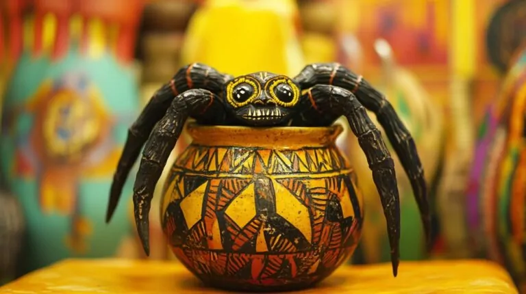 Colorful sculpture of a smiling spider emerging from a patterned yellow pot, representing the folklore character Anansi