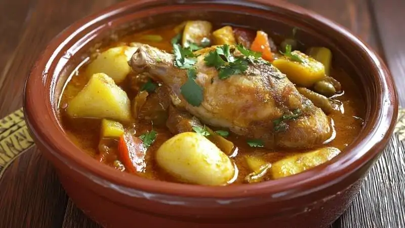 Angolan food dish muamba de galinha served with chicken, vegetables