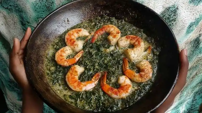 Traditional Cameroonian food dish with shrimp and bitterleaf in rich peanut sauce