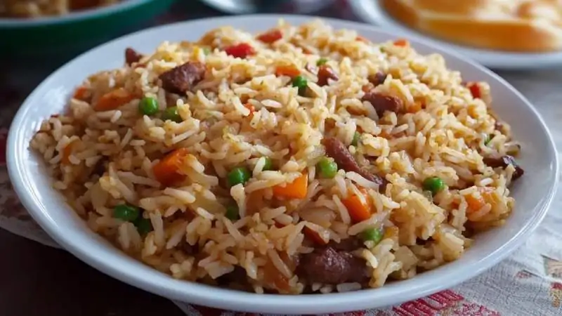 East African pilau rice dish with vegetables and meat