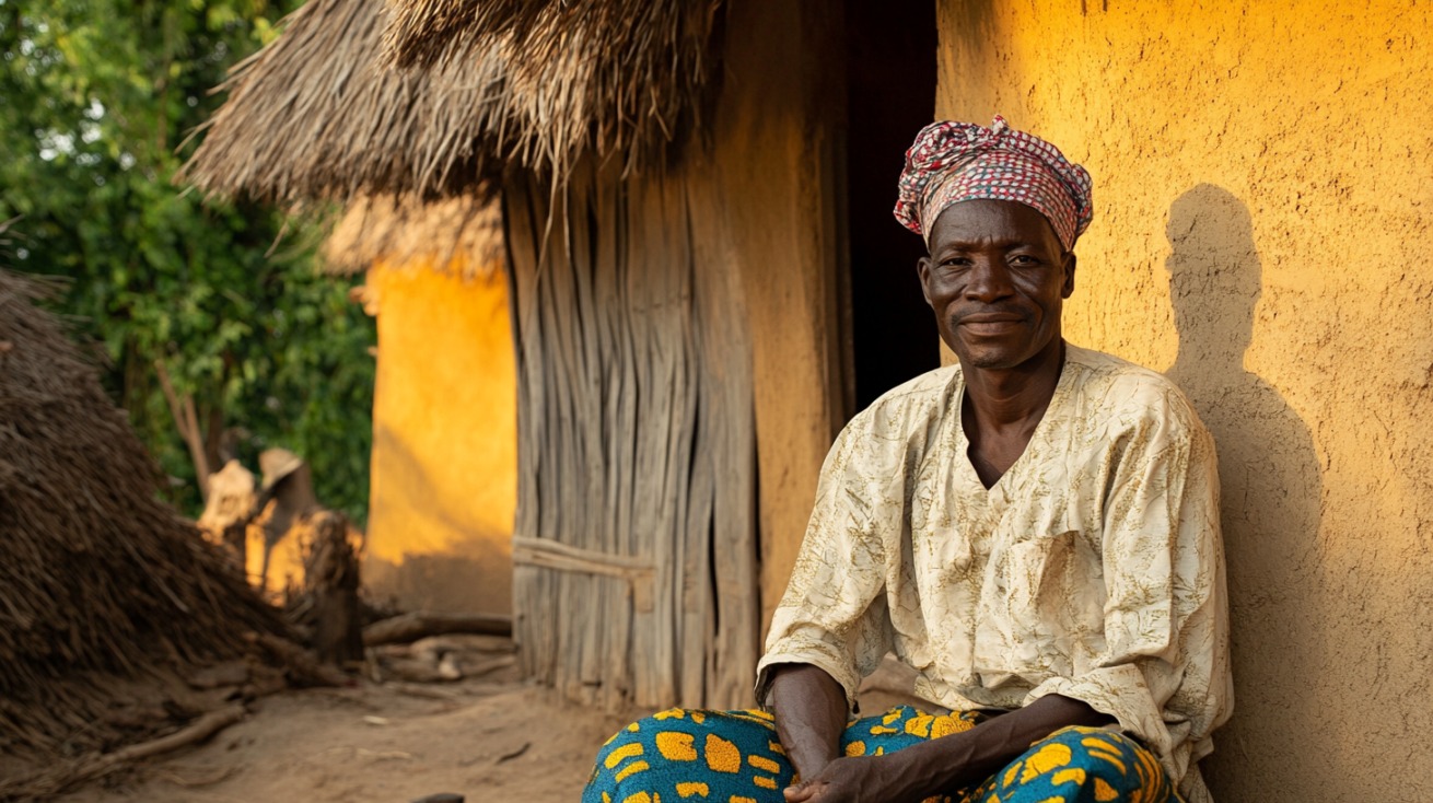 A smiling man in traditional attire sits outside a thatched-roof house in warm sunset light