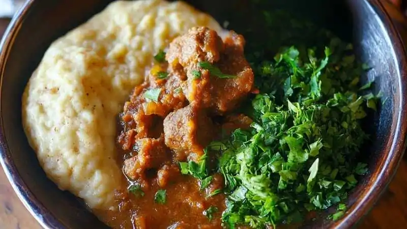 Zimbabwean sadza with beef stew and leafy greens