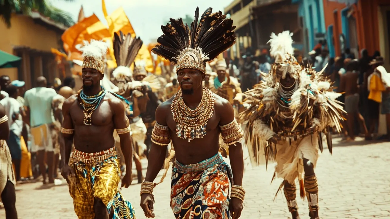 Group of Ashanti men in colorful traditional attire and feathered headdresses during a cultural parade