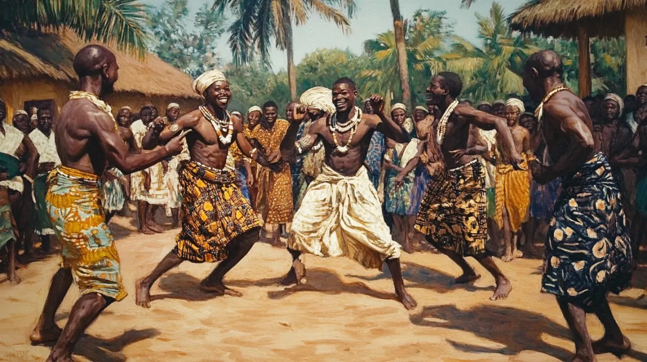 Group of Ashanti men dancing in a village circle, surrounded by onlookers