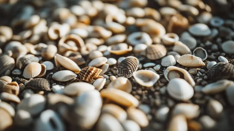 Close-up image of numerous cowrie shells scattered on sandy beach, showcasing various textures and patterns under natural light