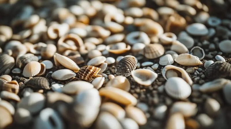 Close-up image of numerous cowrie shells scattered on sandy beach, showcasing various textures and patterns under natural light