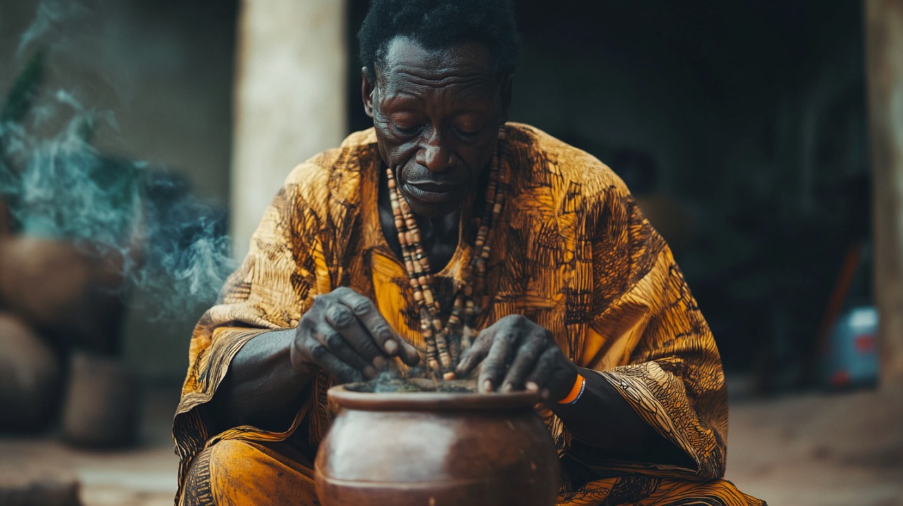Elderly man in traditional attire preparing herbs or incense in a pot, representing a West African storyteller or spiritual healer