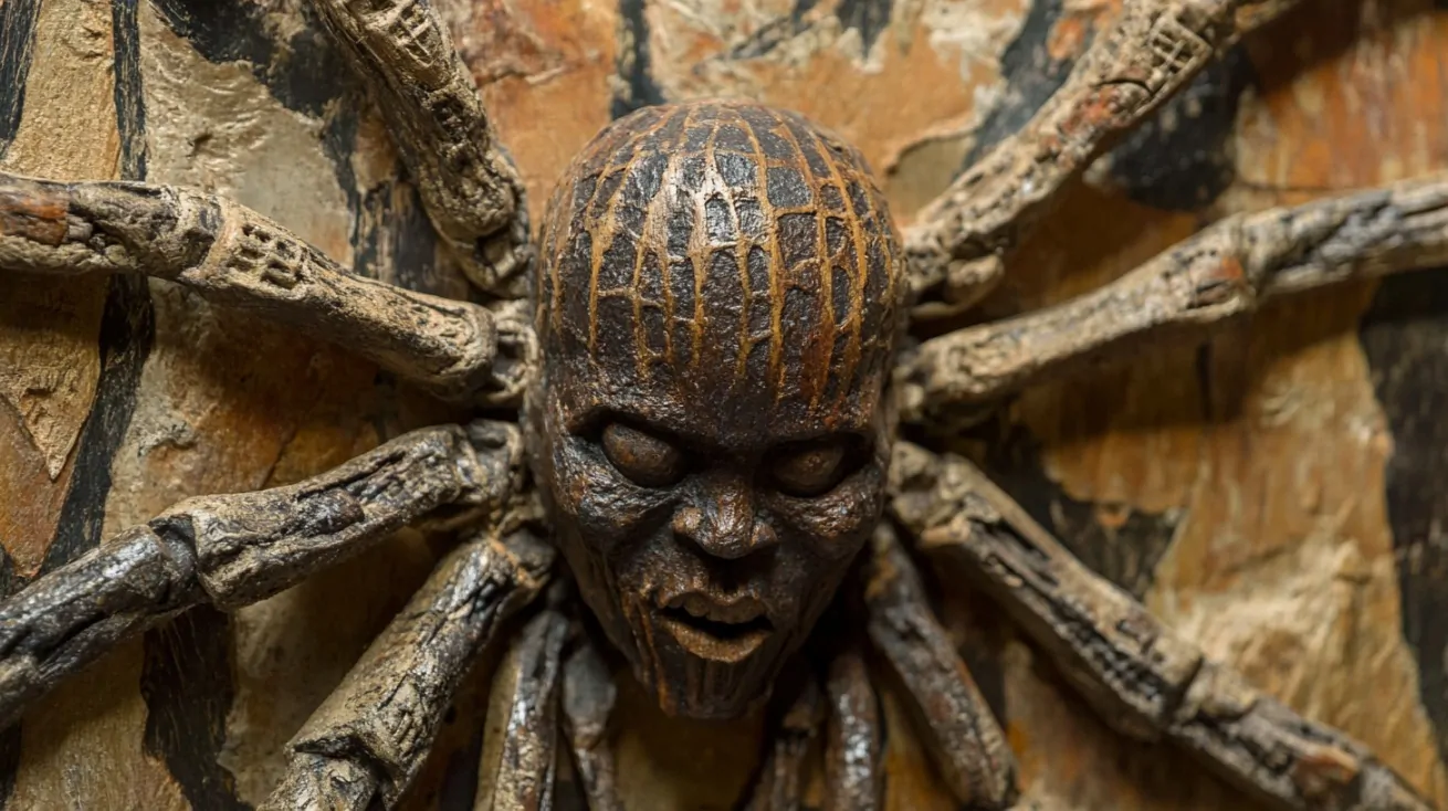 A carved wooden sculpture depicting a spider with a human face, representing Anansi from Ghanaian folklore