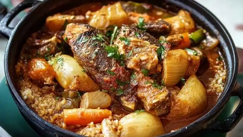 Hearty Senegalese fish stew with vegetables and rice in a black pot