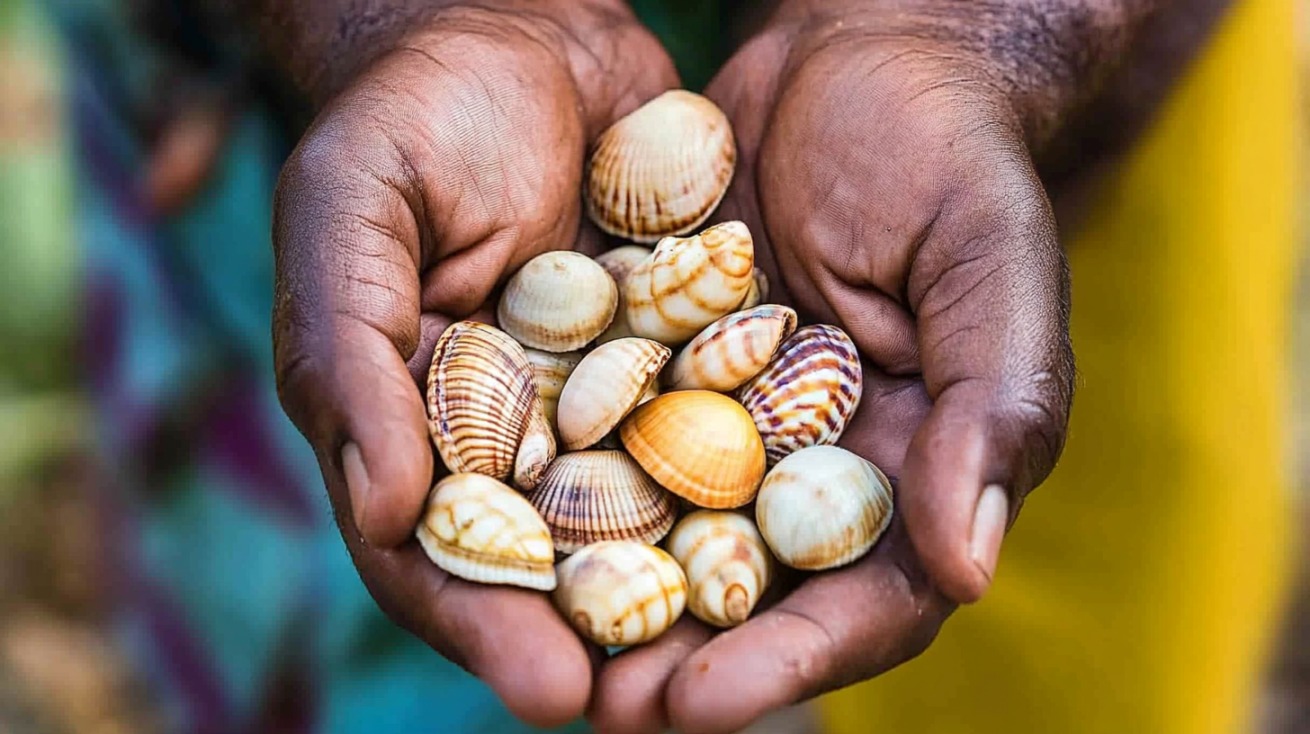 A pair of cupped hands holding a variety of cowrie shells in different patterns and colors, symbolizing their historical role in trade and currency