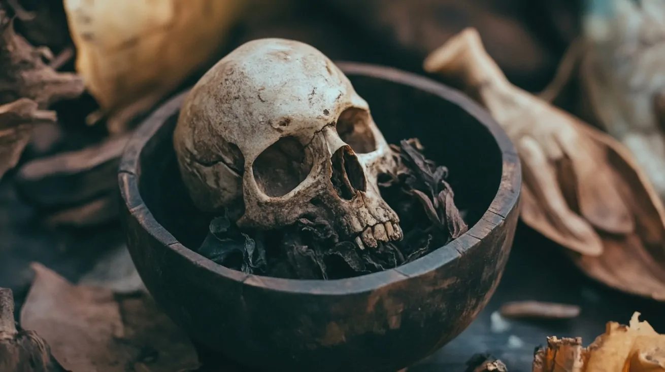 A human skull placed in a wooden bowl surrounded by dried herbs