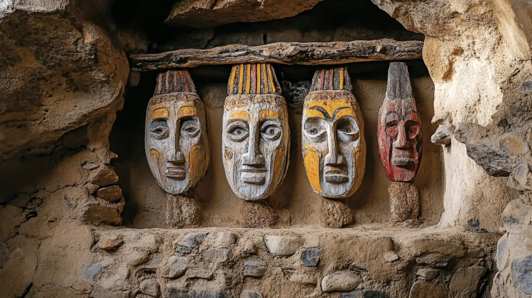 Four painted Dogon tribal masks displayed in a rock wall niche
