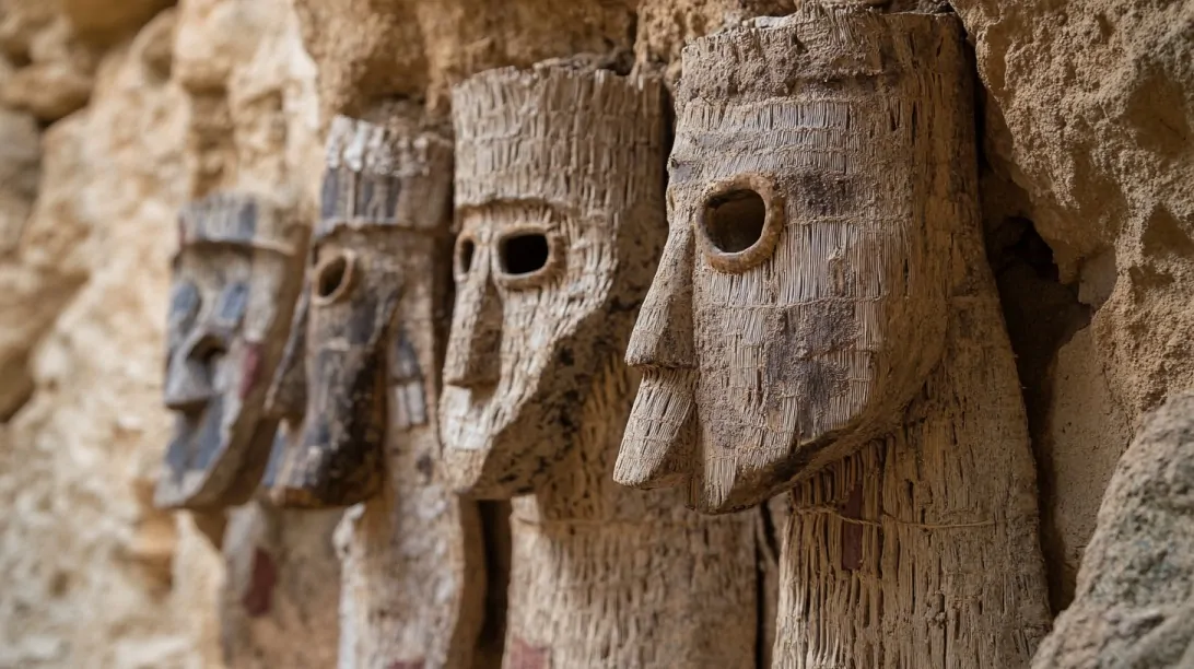 Four wooden Dogon masks with distinct facial carvings placed against a stone wall