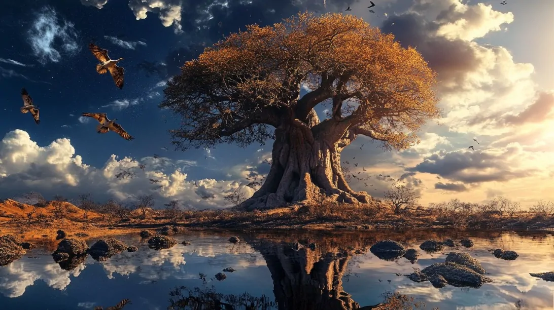 Majestic baobab tree by a reflective water pool under dramatic skies
