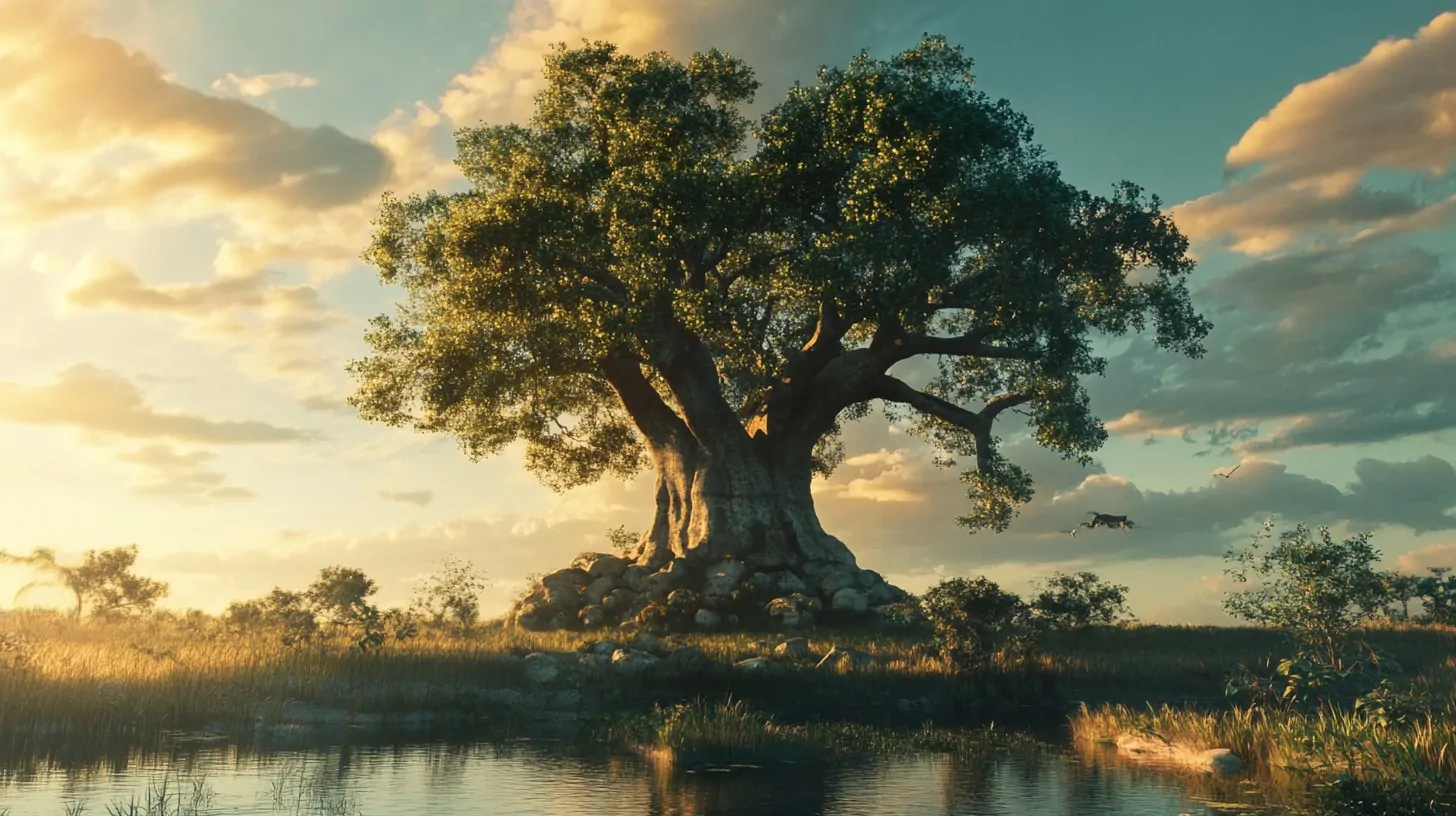 Baobab tree standing tall in a lush savanna at sunset, surrounded by grass and water