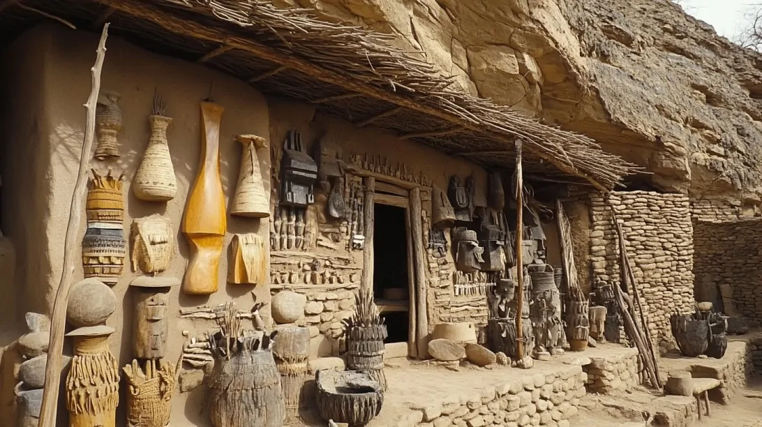 Traditional Dogon shrine with wooden carvings and ceremonial artifacts on display