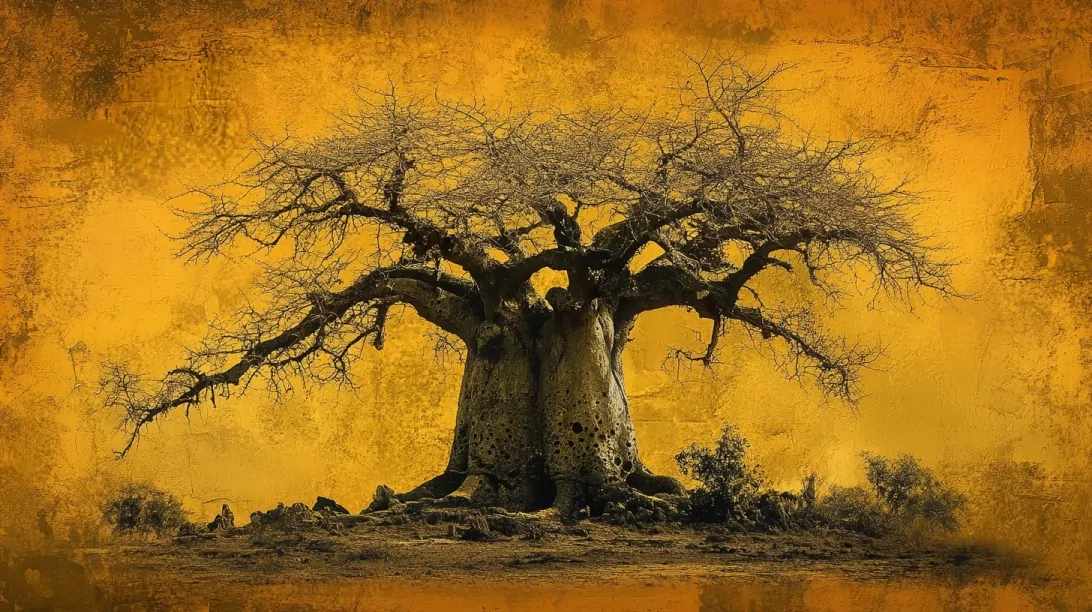 Large baobab tree with bare branches against a textured orange background