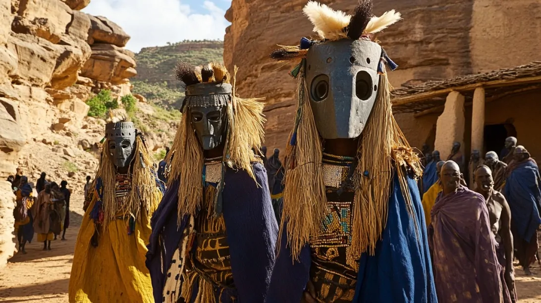 Dogon tribe members in traditional masks and colorful garments performing a ritual