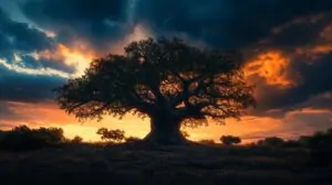 Large Baobab tree silhouetted against a dramatic sunset sky