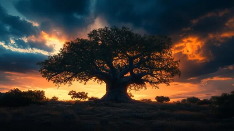 Large Baobab tree silhouetted against a dramatic sunset sky