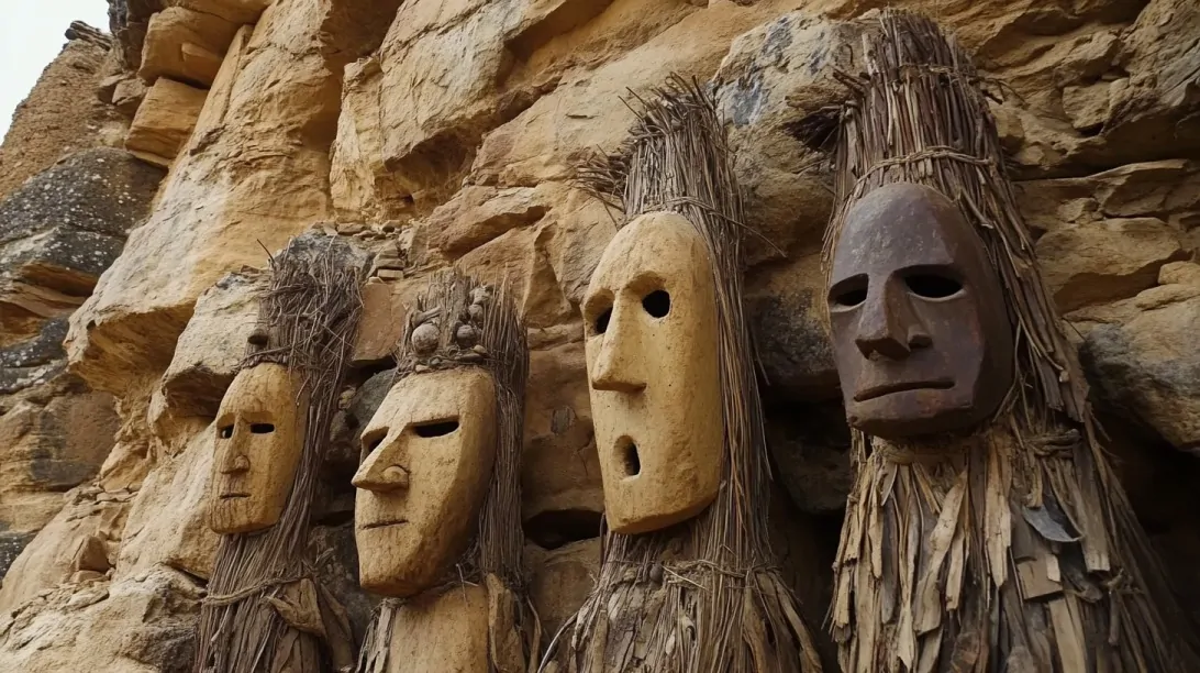 Four wooden Dogon masks with straw adornments placed against a rock wall