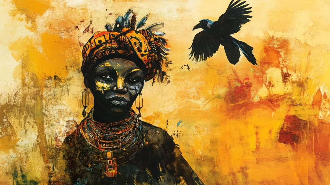 Artistic portrait of an African woman wearing traditional jewelry and headwrap, with a crow flying beside her against a vivid yellow-orange textured background