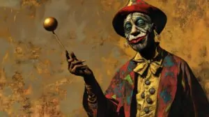 Illustration of a traditional African trickster figure dressed in colorful garments with a mischievous expression