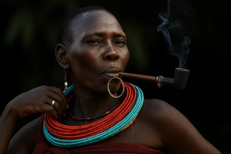 African woman wearing layered necklaces smoking a traditional wooden pipe