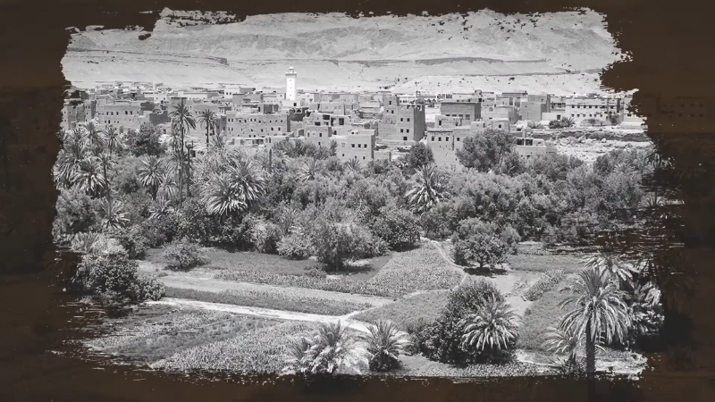 Garamantes desert settlement with palm groves and traditional buildings framed by mountains