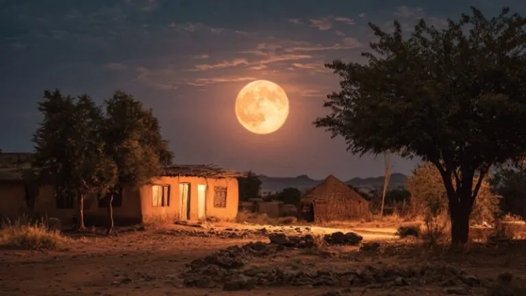 Full moon over traditional houses in rural West African communities at dusk