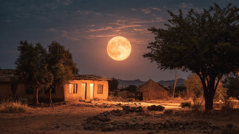 Full moon over traditional houses in rural West African communities at dusk